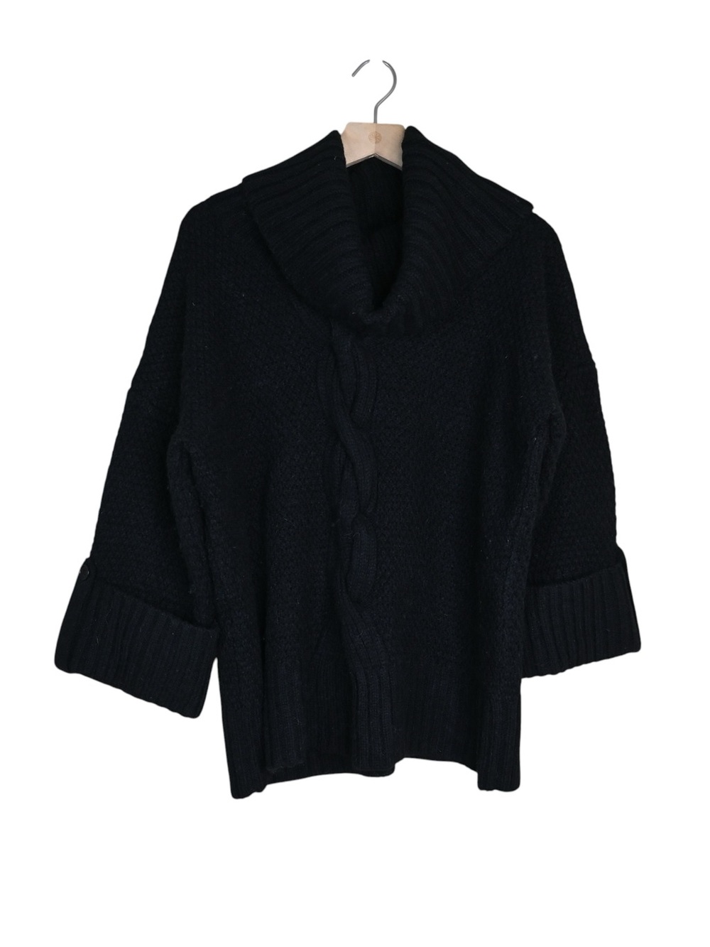 Talbots Women's M Black Cable Knit Wool Blend Cowl Neck 3/4 Sleeve Sweater